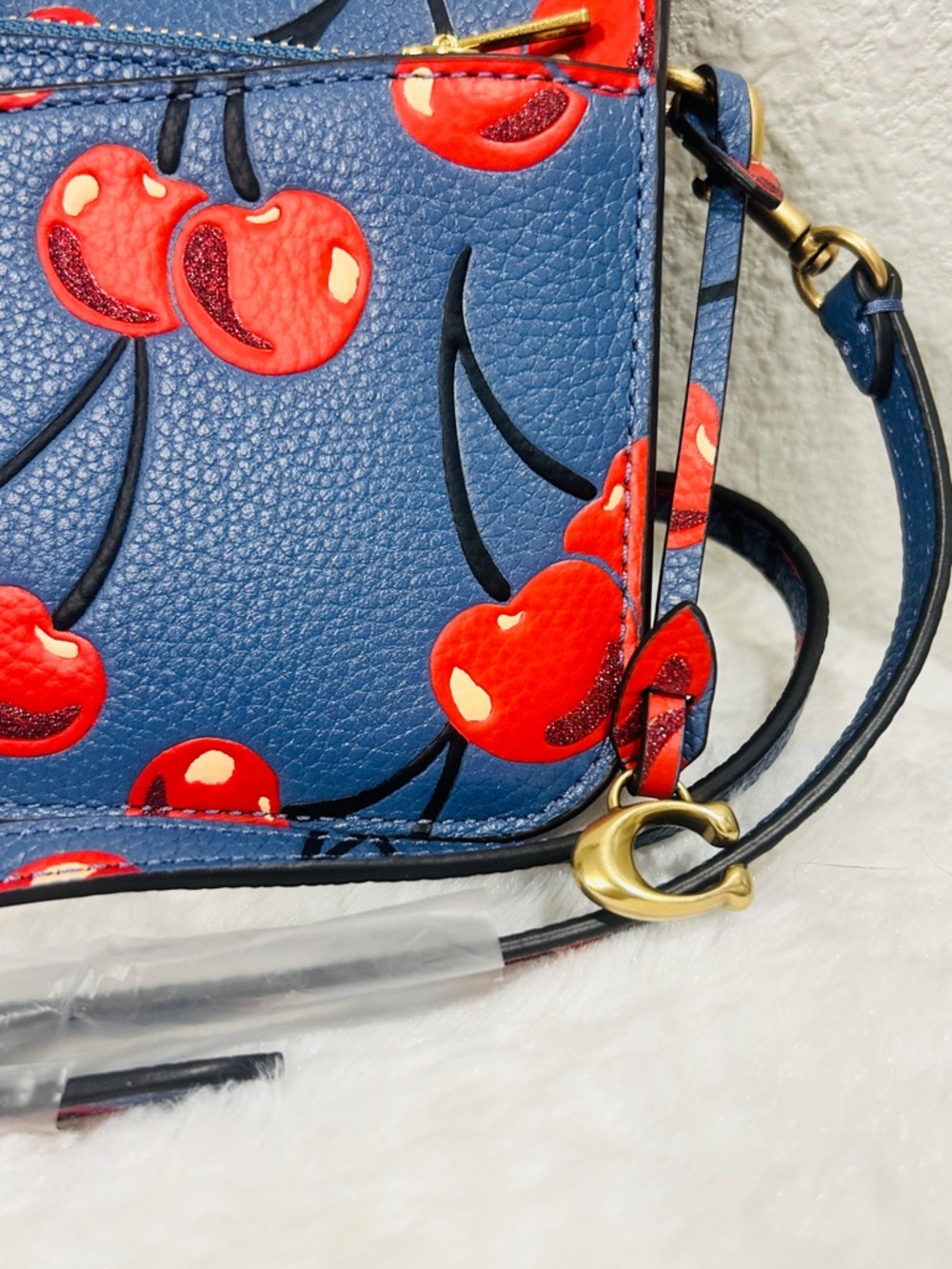 Coach Cherry Print Blue Crossbody Wallet Bag 8 inches New - Picture 5 of 12